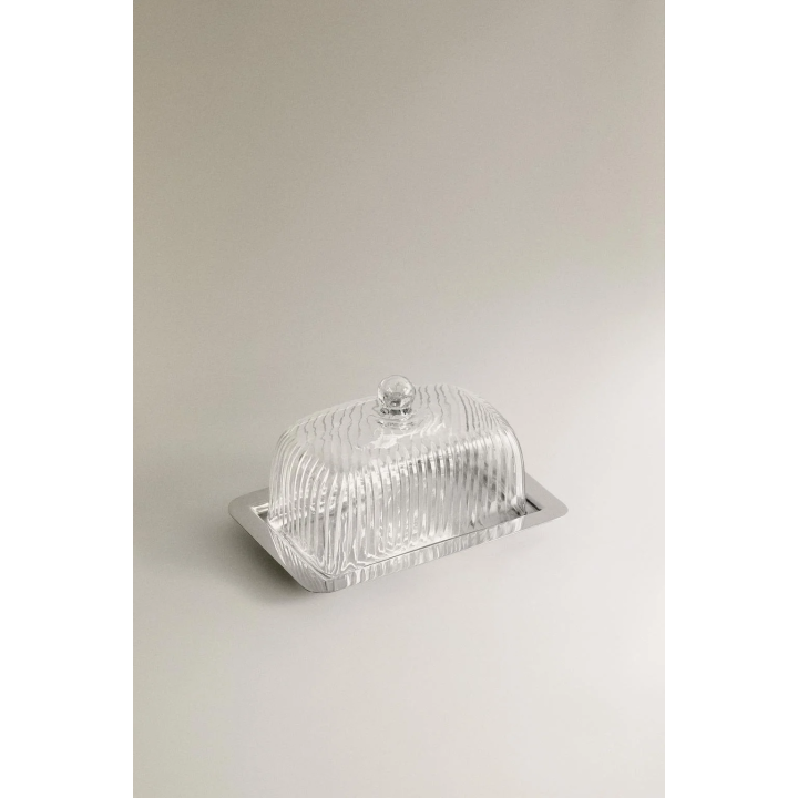 METAL AND GLASS BUTTER DISH