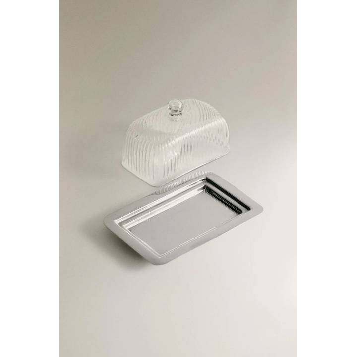 METAL AND GLASS BUTTER DISH