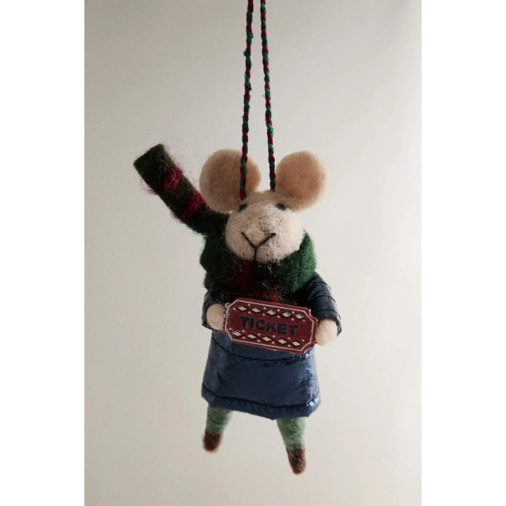 WOOL MOUSE WITH TICKET CHRISTMAS TREE DECORATION
