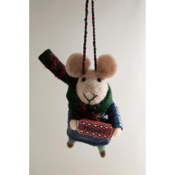 WOOL MOUSE WITH TICKET CHRISTMAS TREE DECORATION