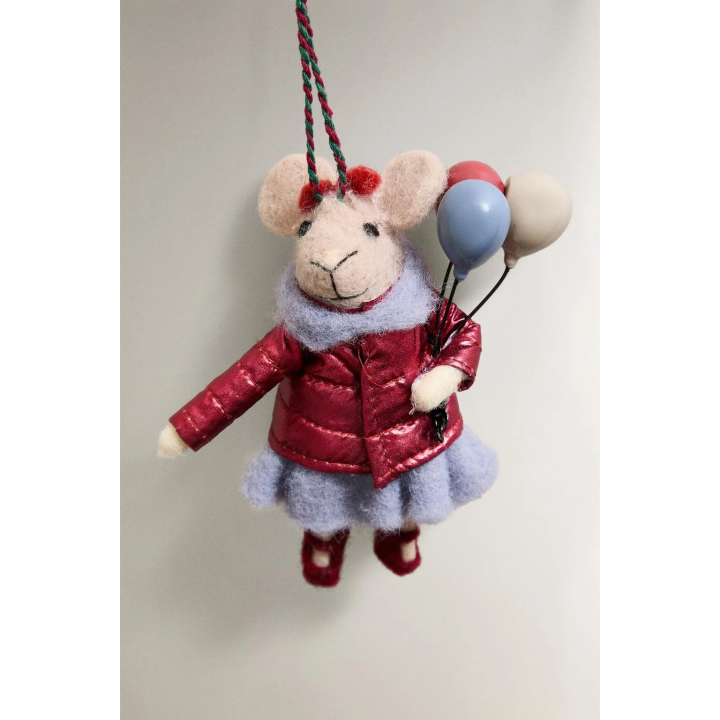 WOOL MOUSE WITH BALLOONS CHRISTMAS TREE DECORATION