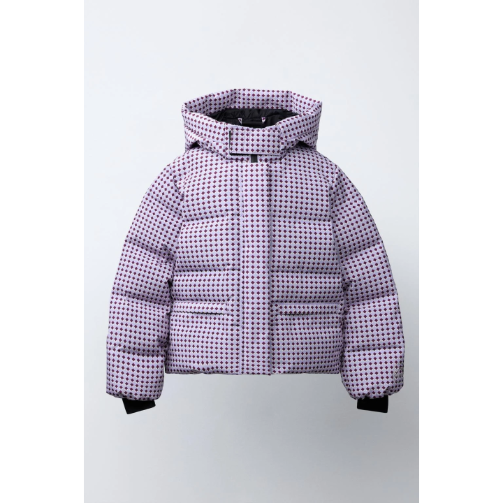 Пуховик с геометрическим принтом и набивкой из пера и пуха. защита от ветра и влаги, система recco® для лыжной коллекции