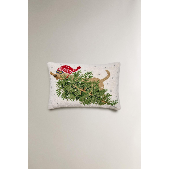 Подушка с изображением ёлки и собаки из шерстяной смеси