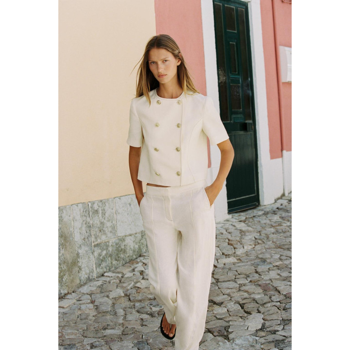 ПРЯМЫЕ БРЮКИ ИЗ ЛЬНЯНОЙ ТКАНИ С КОНТРАСТНОЙ СТРОЧКОЙ