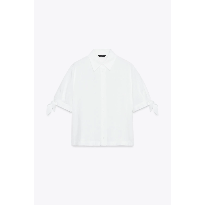 РУБАШКА ИЗ РАМИ С КОРОТКИМИ РУКАВАМИ И ЗАВЯЗКАМИ