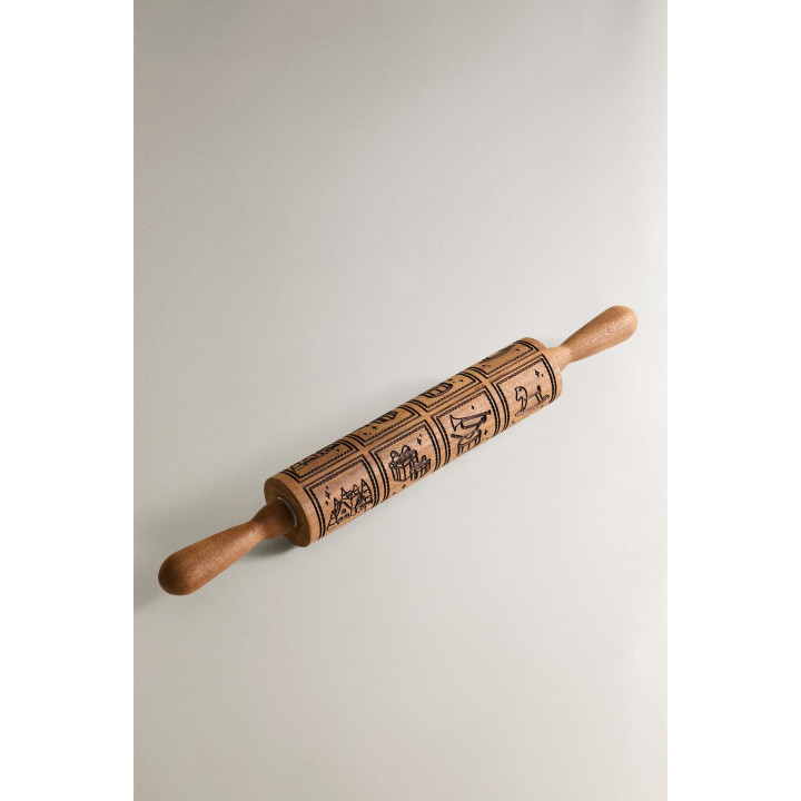 Деревянный скалка с рельефными рождественскими рисунками