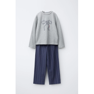 6-14 ЛЕТ/ КОМБИНИРОВАННАЯ ПИЖАМА В ПОЛОСКУ С БАНТОМ