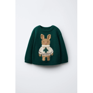 1-6 ЛЕТ/ ВЯЗАНЫЙ СВИТЕР С ВЫШИВКОЙ КРОЛИКА ИЗ ШЕРСТИ