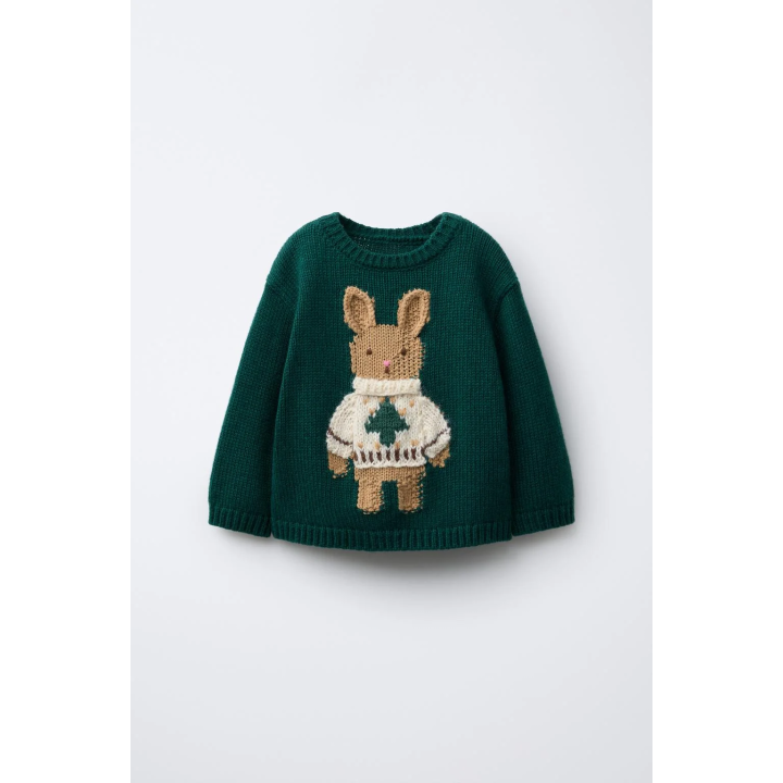 1-6 ЛЕТ/ ВЯЗАНЫЙ СВИТЕР С ВЫШИВКОЙ КРОЛИКА ИЗ ШЕРСТИ