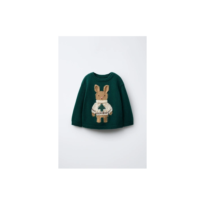 1-6 ЛЕТ/ ВЯЗАНЫЙ СВИТЕР С ВЫШИВКОЙ КРОЛИКА ИЗ ШЕРСТИ