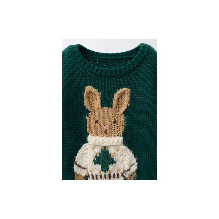 1-6 ЛЕТ/ ВЯЗАНЫЙ СВИТЕР С ВЫШИВКОЙ КРОЛИКА ИЗ ШЕРСТИ