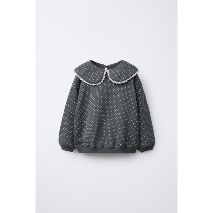 ТОЛСТОВКА С ПРИНТОМ, ОТЛОЖНЫМ ВОРОТНИКОМ И КРУЖЕВОМ