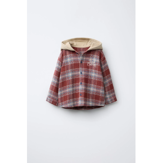 КУРТКА-РУБАШКА В КЛЕТКУ С КОНТРАСТНЫМ КАПЮШОНОМ ИЗ МЯГКОЙ ТКАНИ