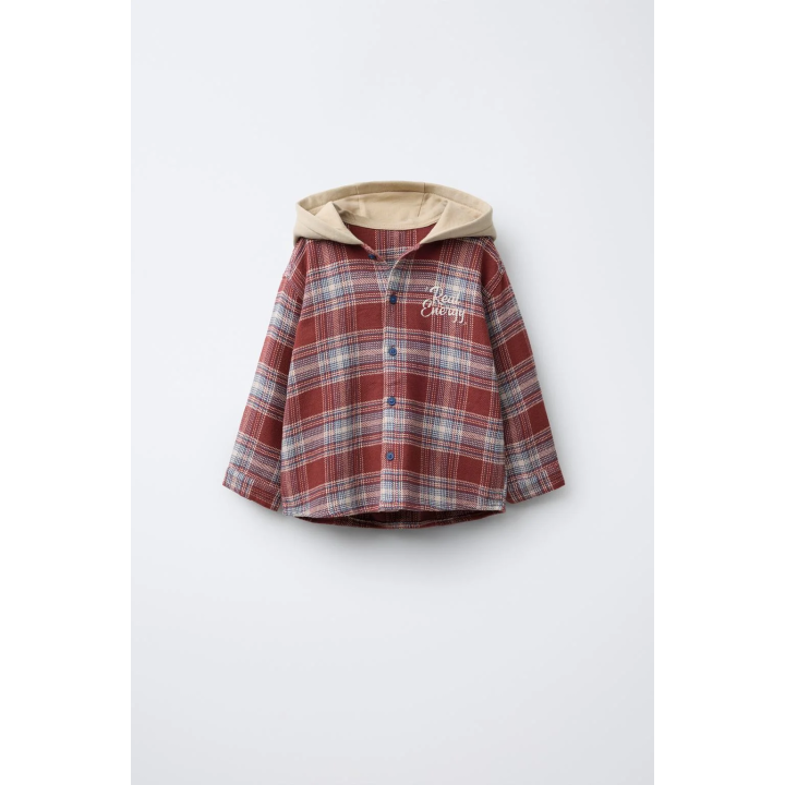 КУРТКА-РУБАШКА В КЛЕТКУ С КОНТРАСТНЫМ КАПЮШОНОМ ИЗ МЯГКОЙ ТКАНИ