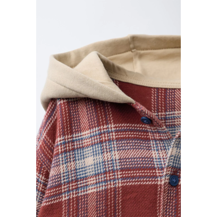 КУРТКА-РУБАШКА В КЛЕТКУ С КОНТРАСТНЫМ КАПЮШОНОМ ИЗ МЯГКОЙ ТКАНИ