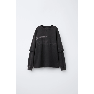 FADED-EFFECT T-SHIRT WITH DOUBLE SLEEVES AND RAISED SLOGAN