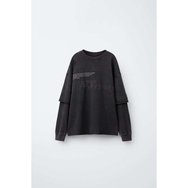 FADED-EFFECT T-SHIRT WITH DOUBLE SLEEVES AND RAISED SLOGAN