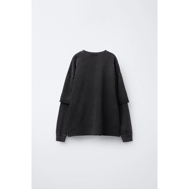 FADED-EFFECT T-SHIRT WITH DOUBLE SLEEVES AND RAISED SLOGAN