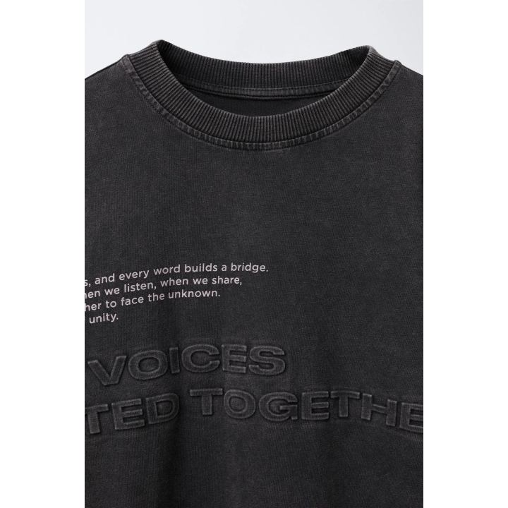 FADED-EFFECT T-SHIRT WITH DOUBLE SLEEVES AND RAISED SLOGAN