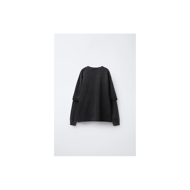 FADED-EFFECT T-SHIRT WITH DOUBLE SLEEVES AND RAISED SLOGAN