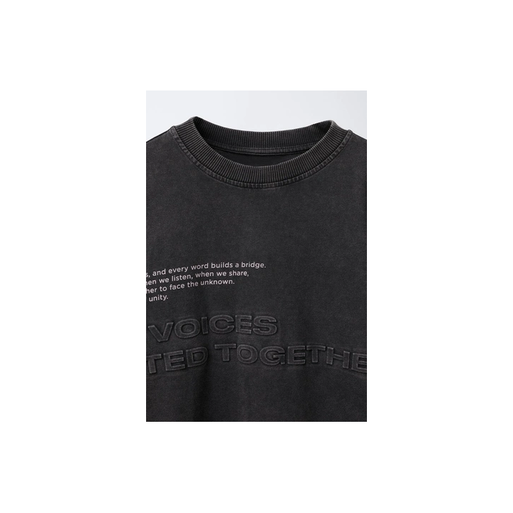 FADED-EFFECT T-SHIRT WITH DOUBLE SLEEVES AND RAISED SLOGAN