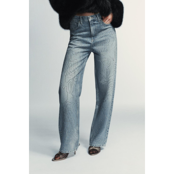 ДЖИНСЫ TRF ПРЯМОГО КРОЯ С ВЫСОКОЙ ПОСАДКОЙ И СТРАЗАМИ