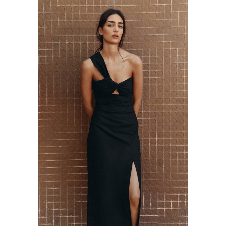 ПЛАТЬЕ МИДИ АСИММЕТРИЧНОГО КРОЯ С ВЫРЕЗАМИ И ЛЬНОМ