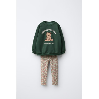 BEAR SWEATSHIRT AND RIBBED FLORAL LEGGINGS SET