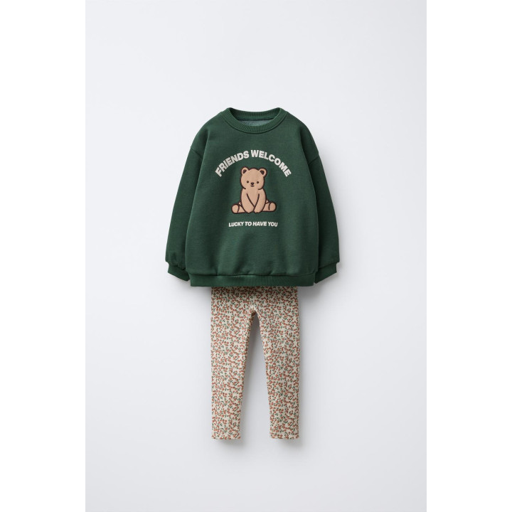 BEAR SWEATSHIRT AND RIBBED FLORAL LEGGINGS SET