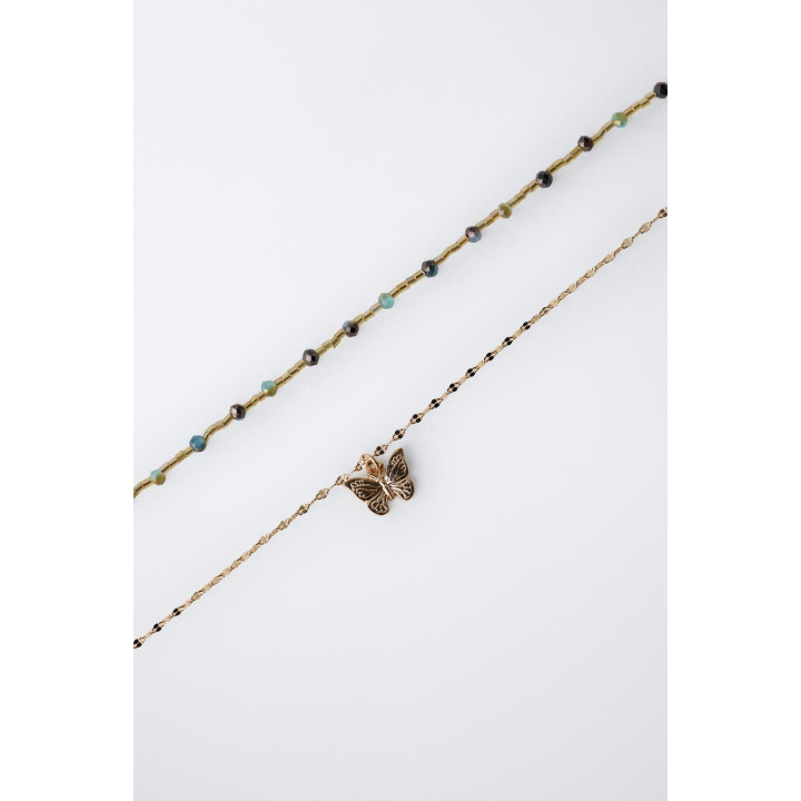 НАБОР ИЗ ДВУХ ОЖЕРЕЛИЙ С БУСИНАМИ И БАБОЧКОЙ