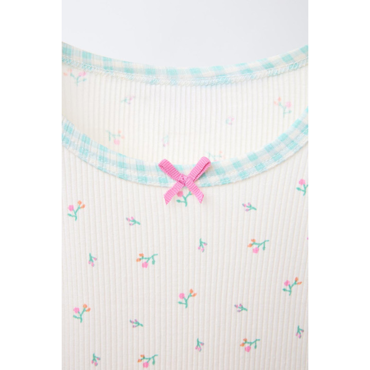 Пижама с футболкой и горчичковым шортами в клетку и цветочным принтом, 2-6 лет