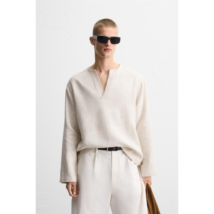 РУБАШКА-ПОЛО ИЗ ЛЬНЯНОЙ СМЕСИ С РЕЛЬЕФНЫМ УЗОРОМ