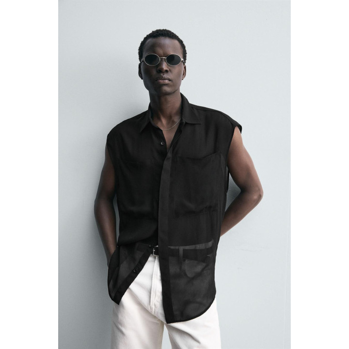 РУБАШКА ИЗ ПОЛУПРОЗРАЧНОЙ ТКАНИ С КАРМАНАМИ