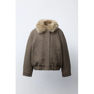 БОМБЕР В КЛЕТКУ С ВОРОТНИКОМ ИЗ ИСКУССТВЕННОГО МЕХА