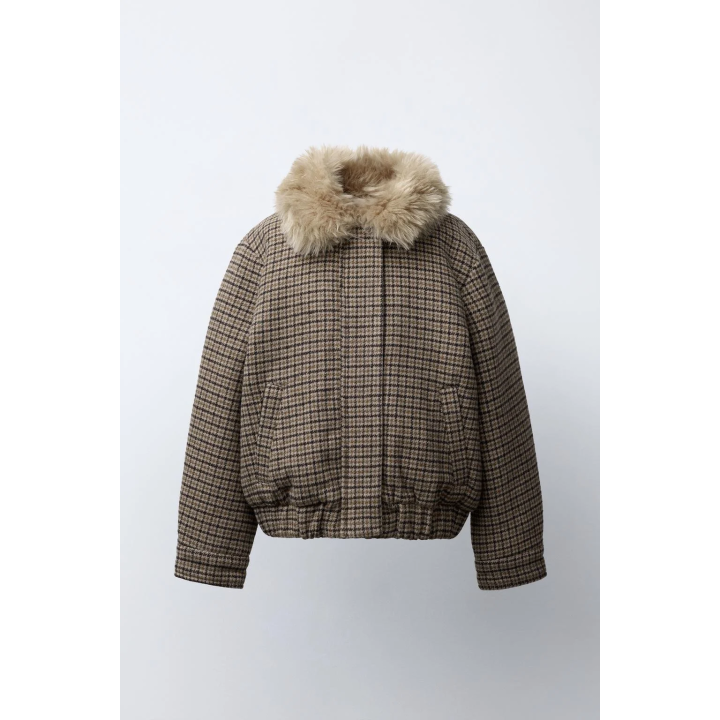БОМБЕР В КЛЕТКУ С ВОРОТНИКОМ ИЗ ИСКУССТВЕННОГО МЕХА