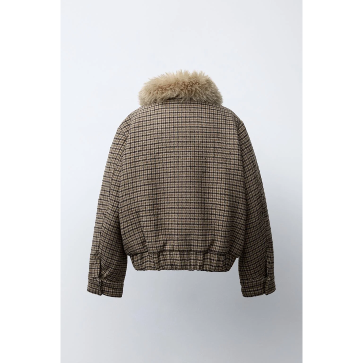 БОМБЕР В КЛЕТКУ С ВОРОТНИКОМ ИЗ ИСКУССТВЕННОГО МЕХА