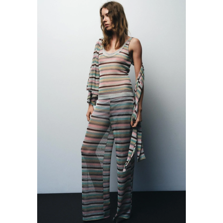 БРЮКИ В ПОЛОСКУ С МЕТАЛЛИЗИРОВАННОЙ НИТЬЮ