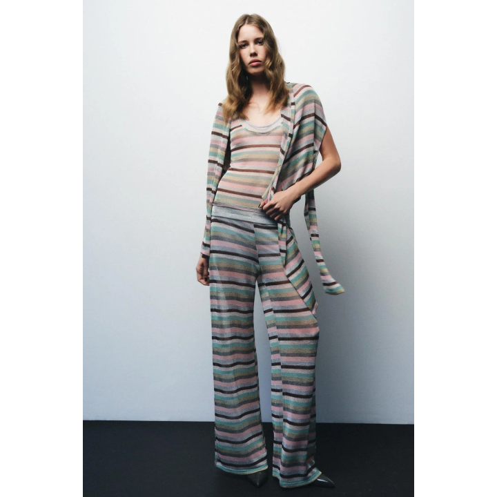 БРЮКИ В ПОЛОСКУ С МЕТАЛЛИЗИРОВАННОЙ НИТЬЮ