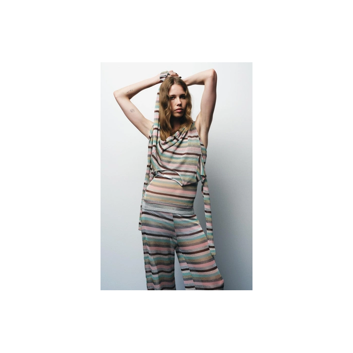 БРЮКИ В ПОЛОСКУ С МЕТАЛЛИЗИРОВАННОЙ НИТЬЮ