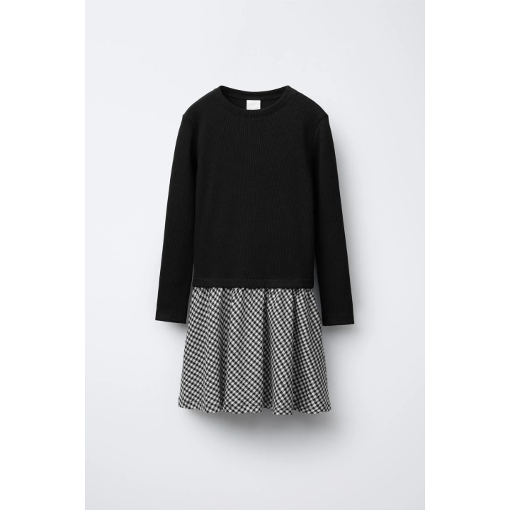 КОМБИНИРОВАННОЕ ПЛАТЬЕ В РУБЧИК С ЮБКОЙ В КЛЕТКУ