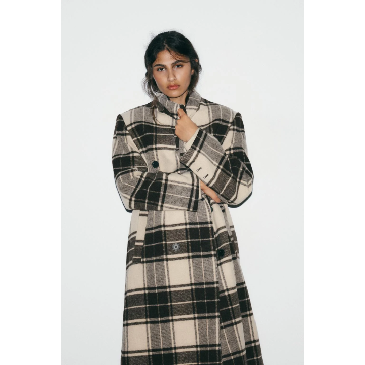 ПАЛЬТО ОЧЕНЬ ДЛИННОЕ В КЛЕТКУ С ШЕРСТЬЮ