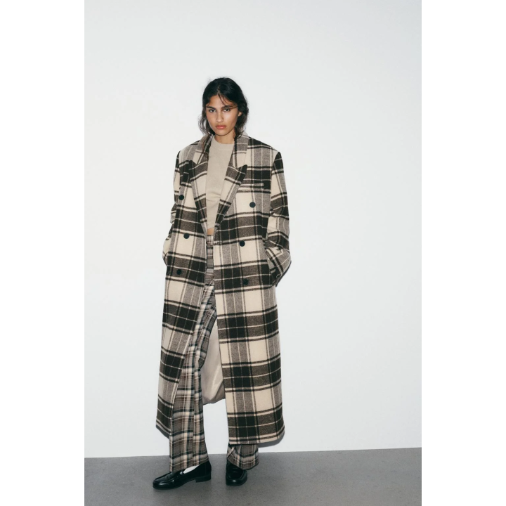 ПАЛЬТО ОЧЕНЬ ДЛИННОЕ В КЛЕТКУ С ШЕРСТЬЮ