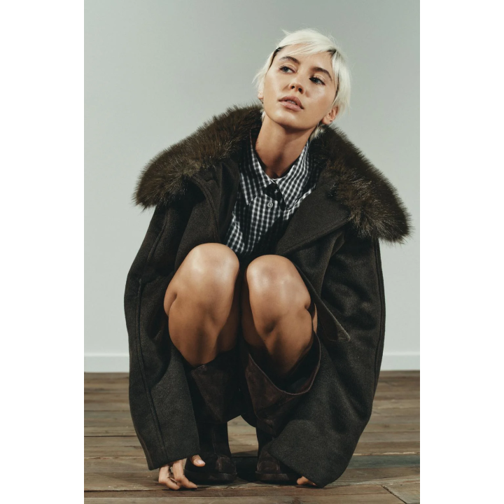 ПАЛЬТО ИЗ СМЕСОВОЙ ШЕРСТИ С ВОРОТНИКОМ ИЗ ИСКУССТВЕННОГО МЕХА