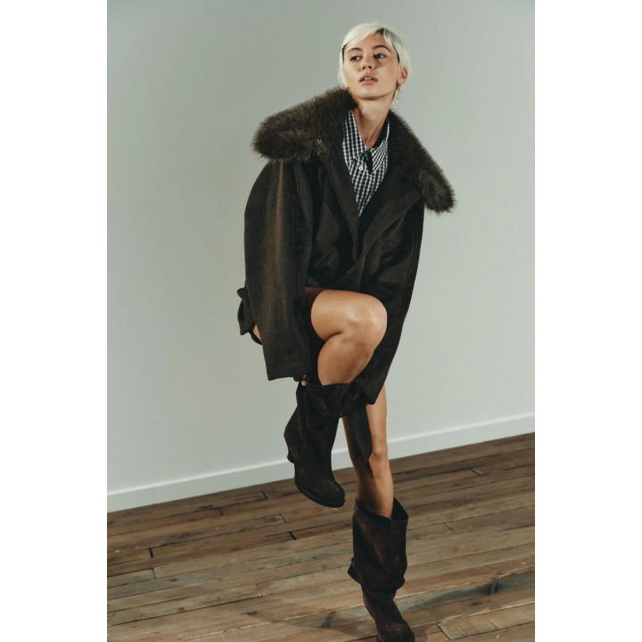 ПАЛЬТО ИЗ СМЕСОВОЙ ШЕРСТИ С ВОРОТНИКОМ ИЗ ИСКУССТВЕННОГО МЕХА