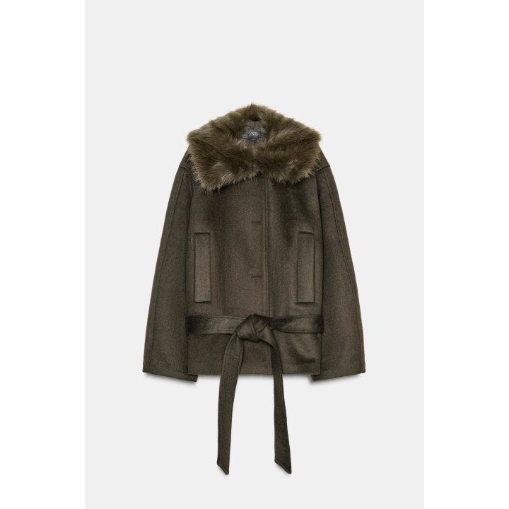 ПАЛЬТО ИЗ СМЕСОВОЙ ШЕРСТИ С ВОРОТНИКОМ ИЗ ИСКУССТВЕННОГО МЕХА