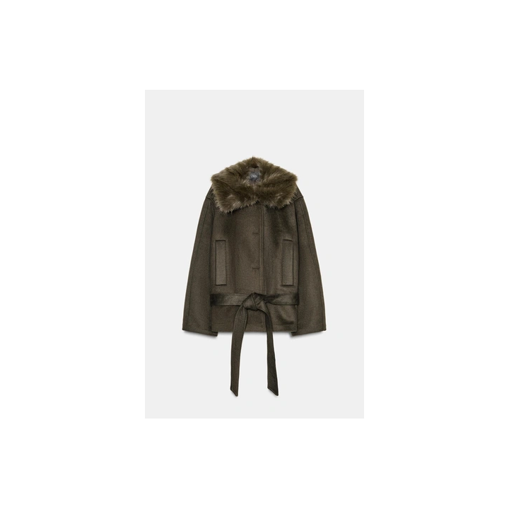 ПАЛЬТО ИЗ СМЕСОВОЙ ШЕРСТИ С ВОРОТНИКОМ ИЗ ИСКУССТВЕННОГО МЕХА