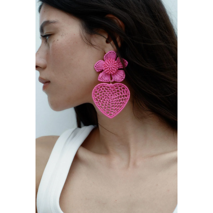 СЕРЬГИ «РАФИЯ, ЦВЕТОК И СЕРДЕЧКО»