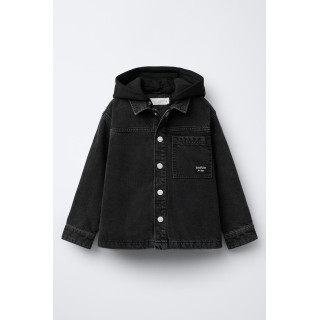 СТЕГАНАЯ ДЖИНСОВАЯ КУРТКА-РУБАШКА С ОТСТЕГИВАЮЩИМСЯ КАПЮШОНОМ