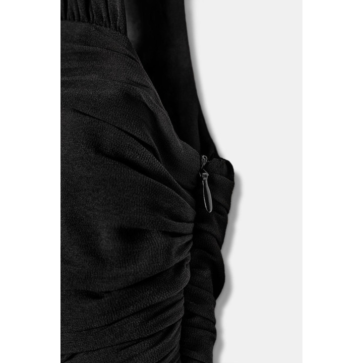 МИНИ-ПЛАТЬЕ АСИММЕТРИЧНОГО КРОЯ СО СБОРКАМИ И НИЗОМ-БАЛЛОНОМ