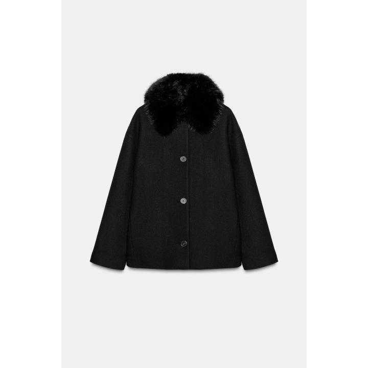 КОРОТКОЕ ПАЛЬТО ИЗ ШЕРСТИ С ЛАЦКАНАМИ ИЗ ИСКУССТВЕННОГО МЕХА